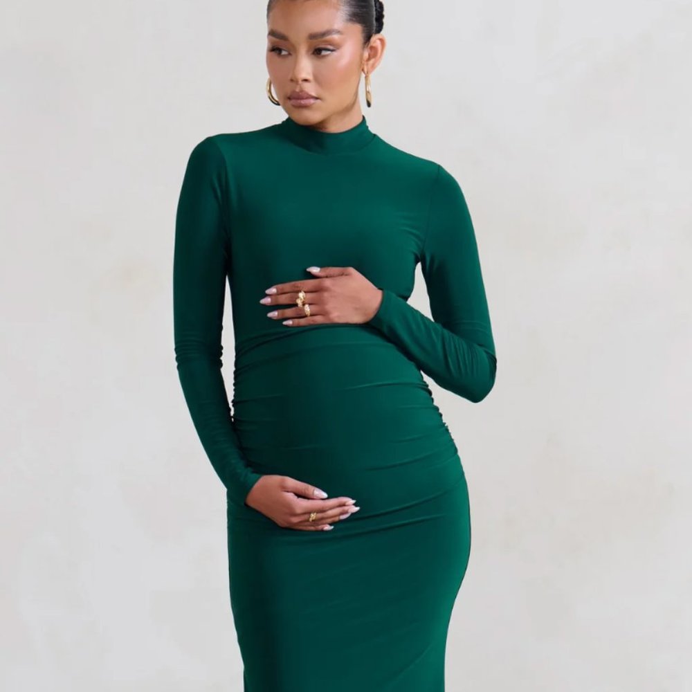 GREEN MATERNITY LONG SLEEVE HIGH NECK MAXI DRESS